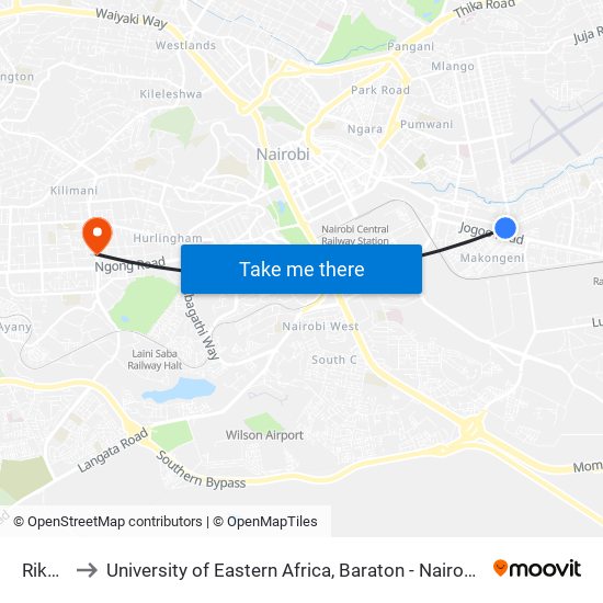 Rikana to University of Eastern Africa, Baraton - Nairobi Campus map