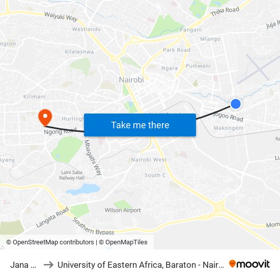 Jana Villa to University of Eastern Africa, Baraton - Nairobi Campus map