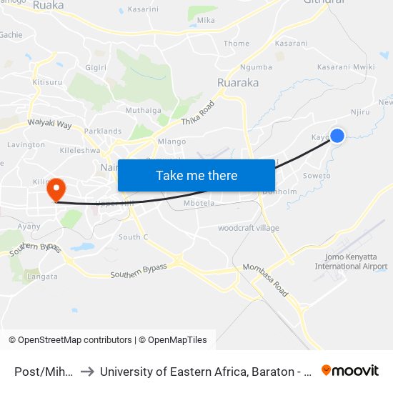 Post/Mihang'O to University of Eastern Africa, Baraton - Nairobi Campus map