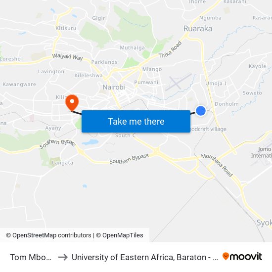 Tom Mboya Hall to University of Eastern Africa, Baraton - Nairobi Campus map
