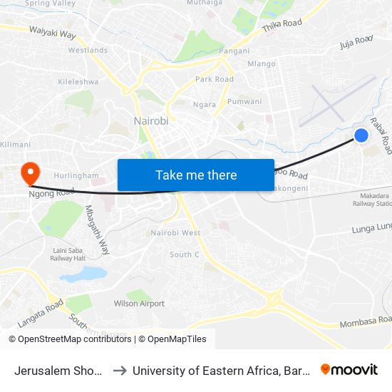 Jerusalem Shopping Centre to University of Eastern Africa, Baraton - Nairobi Campus map