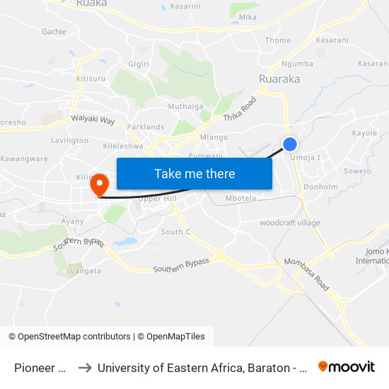 Pioneer Estate to University of Eastern Africa, Baraton - Nairobi Campus map