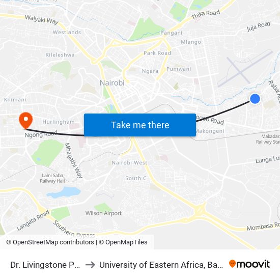 Dr. Livingstone Primary School to University of Eastern Africa, Baraton - Nairobi Campus map
