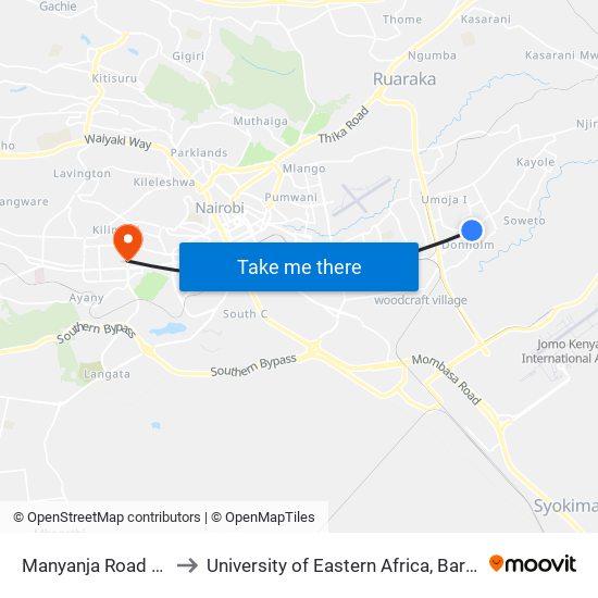 Manyanja Road Round About to University of Eastern Africa, Baraton - Nairobi Campus map