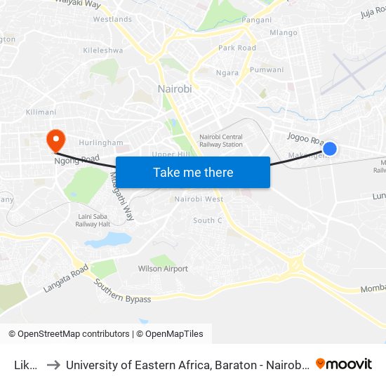 Likoni to University of Eastern Africa, Baraton - Nairobi Campus map