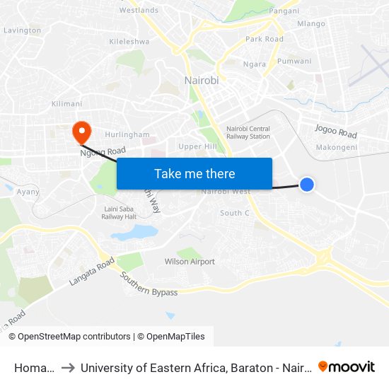 Homabay to University of Eastern Africa, Baraton - Nairobi Campus map