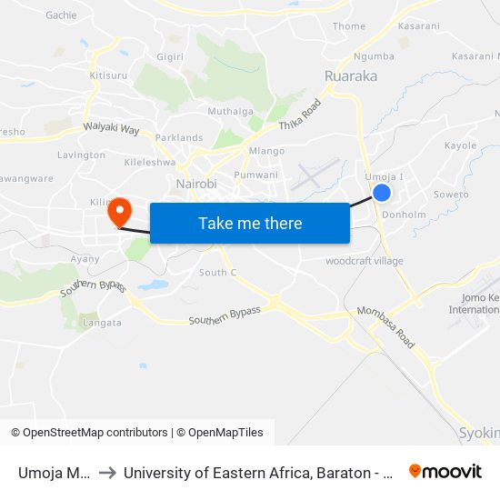 Umoja Market to University of Eastern Africa, Baraton - Nairobi Campus map