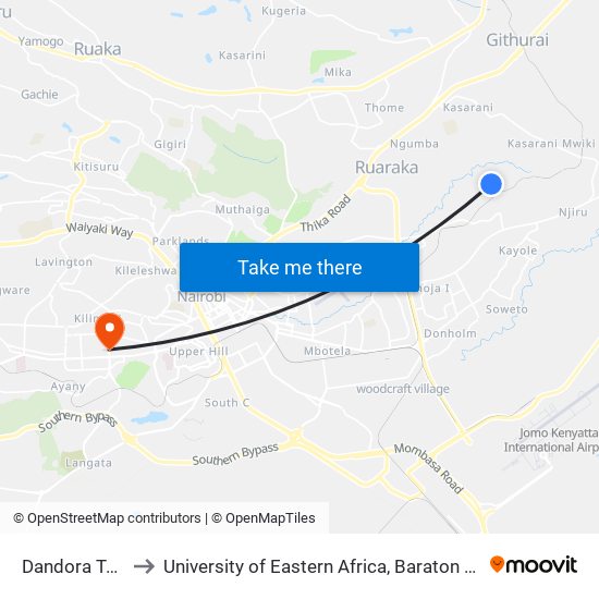 Dandora Terminal to University of Eastern Africa, Baraton - Nairobi Campus map