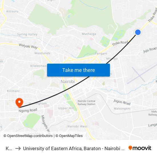 Kca to University of Eastern Africa, Baraton - Nairobi Campus map