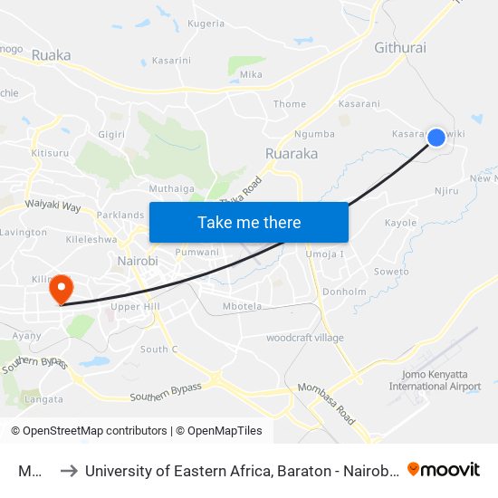 Mwiki to University of Eastern Africa, Baraton - Nairobi Campus map