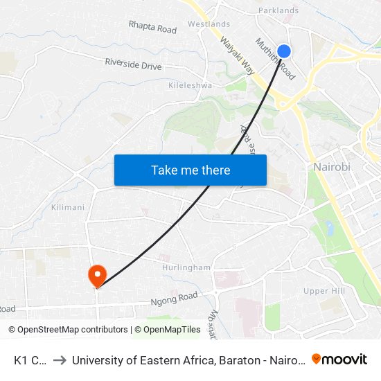 K1 Club to University of Eastern Africa, Baraton - Nairobi Campus map