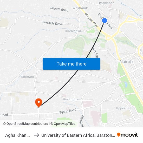 Agha Khan Hospital to University of Eastern Africa, Baraton - Nairobi Campus map