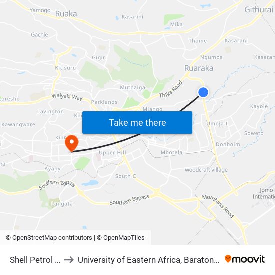 Shell Petrol Station to University of Eastern Africa, Baraton - Nairobi Campus map