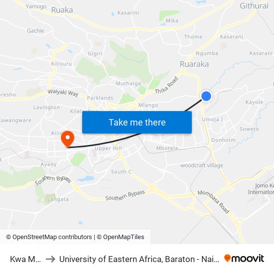 Kwa Mbao to University of Eastern Africa, Baraton - Nairobi Campus map