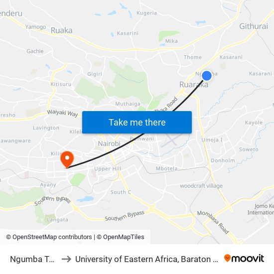 Ngumba Terminal to University of Eastern Africa, Baraton - Nairobi Campus map