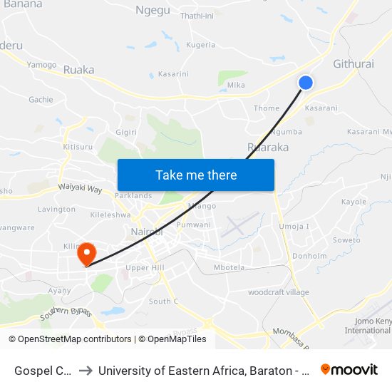 Gospel Church to University of Eastern Africa, Baraton - Nairobi Campus map