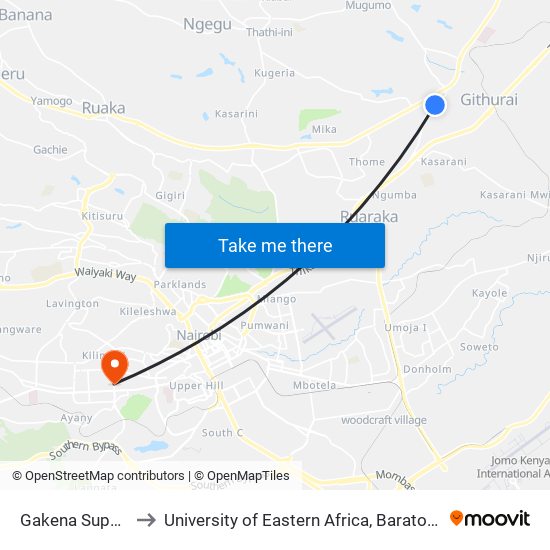 Gakena Supermarket to University of Eastern Africa, Baraton - Nairobi Campus map