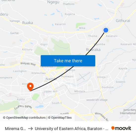 Mirema Garden to University of Eastern Africa, Baraton - Nairobi Campus map