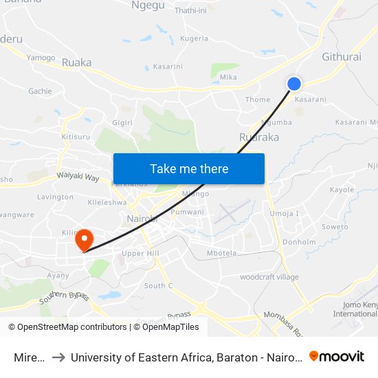 Mirema to University of Eastern Africa, Baraton - Nairobi Campus map