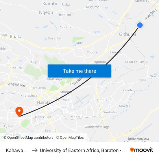 Kahawa Sukari to University of Eastern Africa, Baraton - Nairobi Campus map