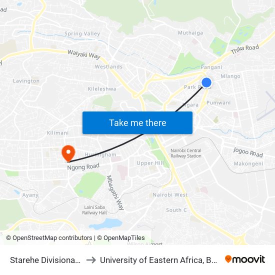 Starehe Divisional Police Station to University of Eastern Africa, Baraton - Nairobi Campus map