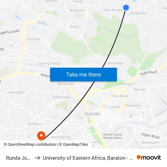 Runda Junction to University of Eastern Africa, Baraton - Nairobi Campus map