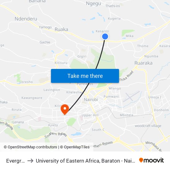 Evergreen to University of Eastern Africa, Baraton - Nairobi Campus map