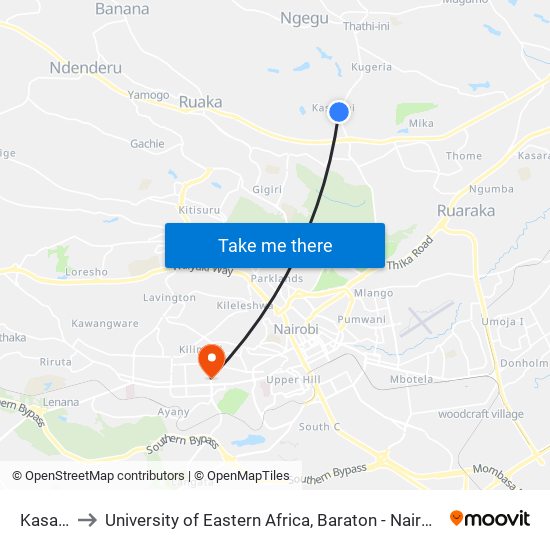 Kasarini to University of Eastern Africa, Baraton - Nairobi Campus map