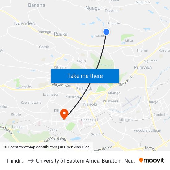 Thindigwa to University of Eastern Africa, Baraton - Nairobi Campus map