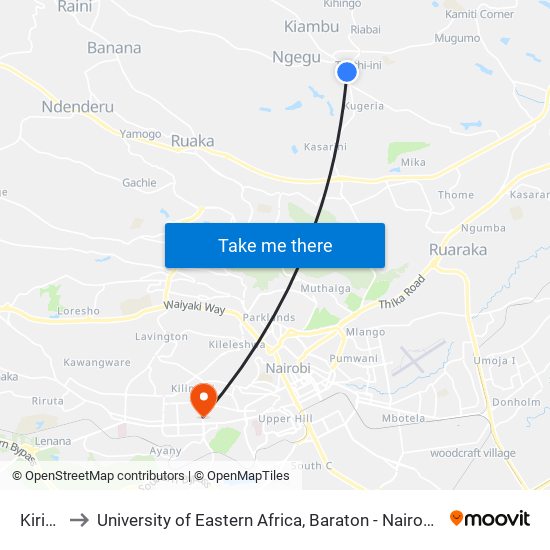 Kirigiti to University of Eastern Africa, Baraton - Nairobi Campus map