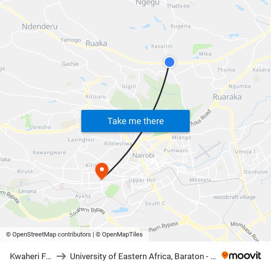 Kwaheri Flyover to University of Eastern Africa, Baraton - Nairobi Campus map