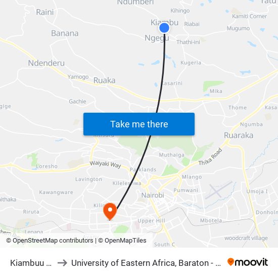 Kiambuu Posta to University of Eastern Africa, Baraton - Nairobi Campus map