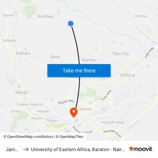 Jamaica to University of Eastern Africa, Baraton - Nairobi Campus map