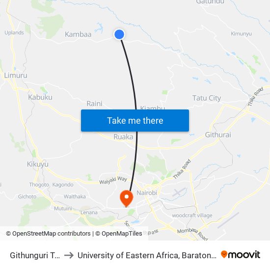 Githunguri Terminal to University of Eastern Africa, Baraton - Nairobi Campus map