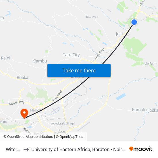 Witeithie to University of Eastern Africa, Baraton - Nairobi Campus map