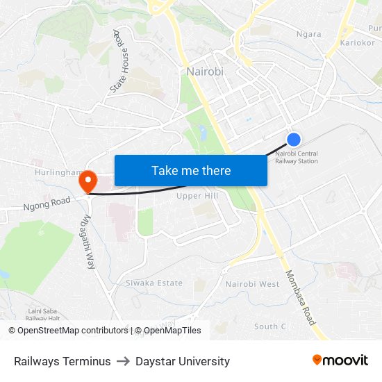 Railways Terminus to Daystar University map