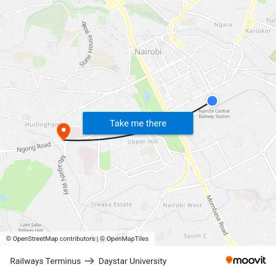 Railways Terminus to Daystar University map