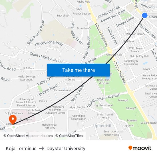 Koja Terminus to Daystar University map