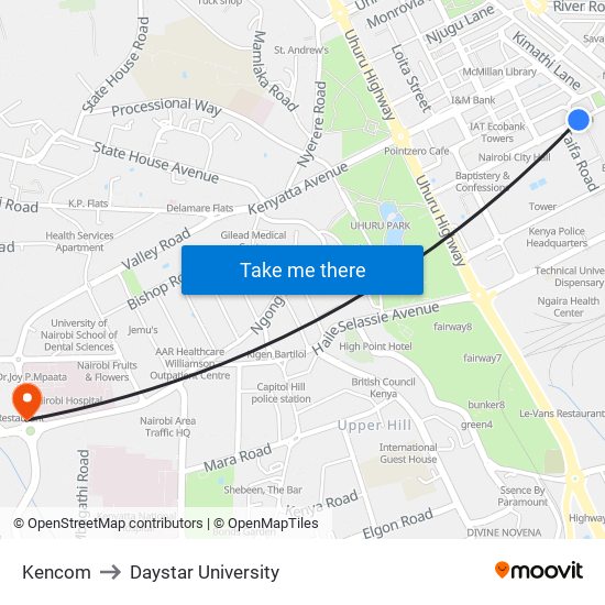 Kencom to Daystar University map