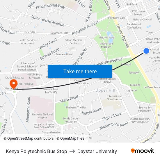 Kenya Polytechnic Bus Stop to Daystar University map