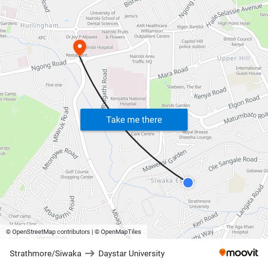 Strathmore/Siwaka to Daystar University map