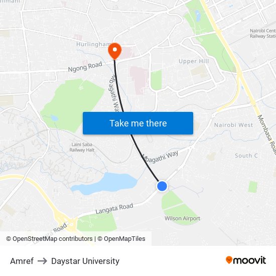 Amref to Daystar University map