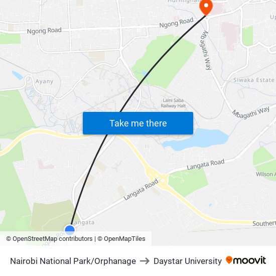 Nairobi National Park/Orphanage to Daystar University map