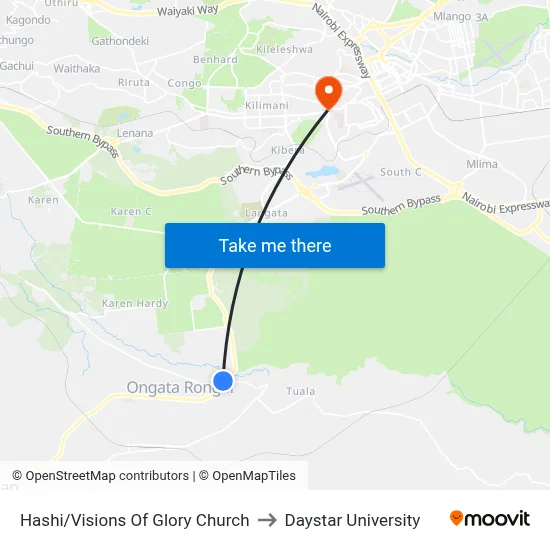 Hashi/Visions Of Glory Church to Daystar University map