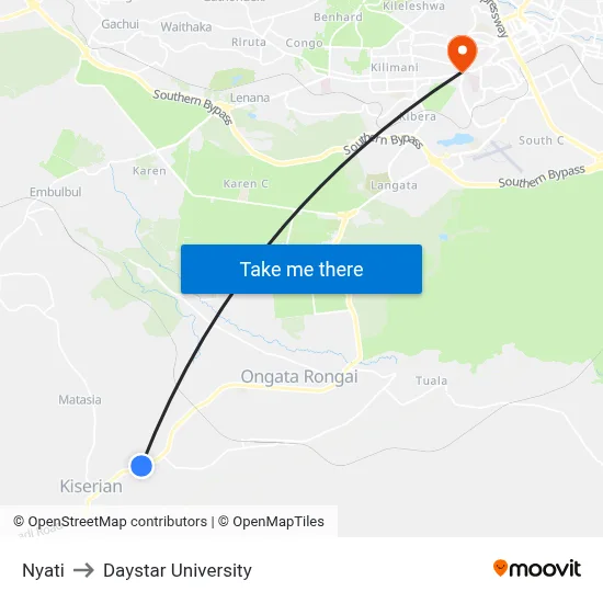 Nyati to Daystar University map