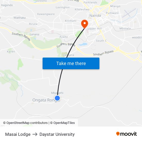 Masai Lodge to Daystar University map
