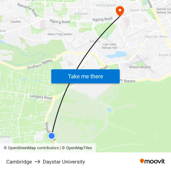 Cambridge to Daystar University map