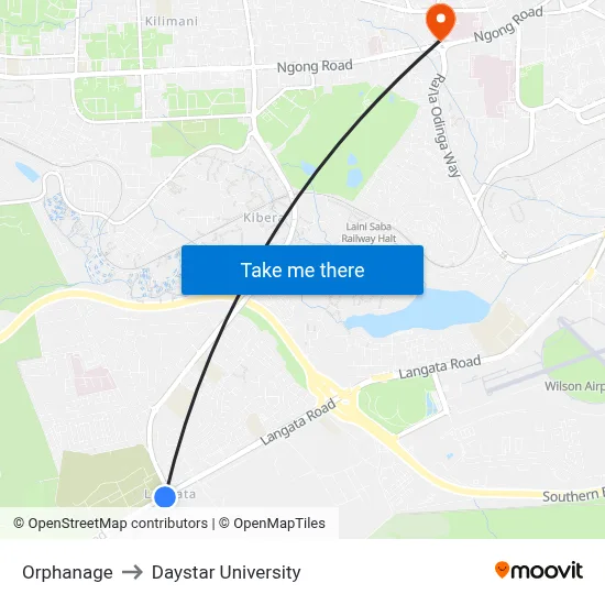 Orphanage to Daystar University map