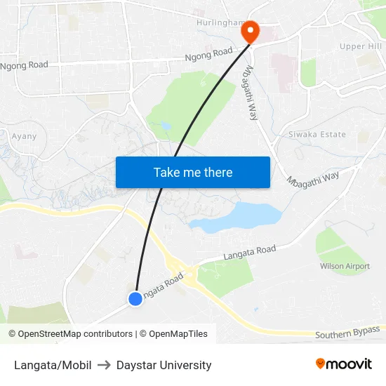 Langata/Mobil to Daystar University map