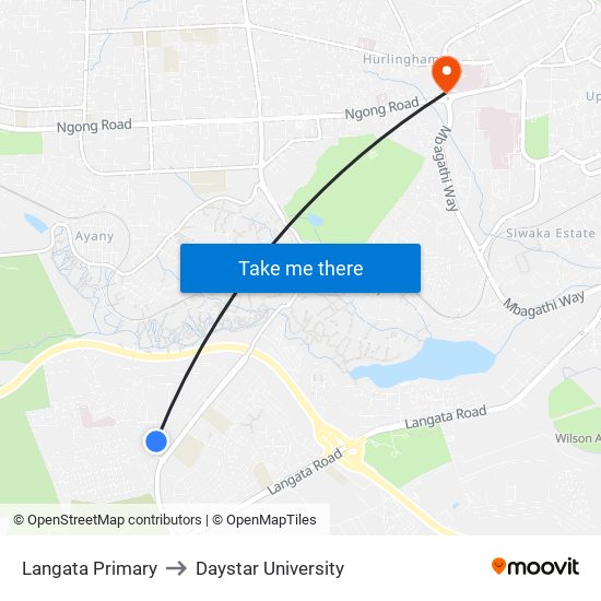 Langata Primary to Daystar University map